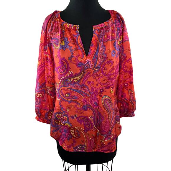 Lauren Ralph Lauren Pink Orange Multi Paisley Silk 3/4 Sleeve Blouse Colorful PS - Picture 1 of 9